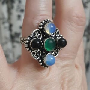 New Opalite, Black and Green Onyx Silver Ring.